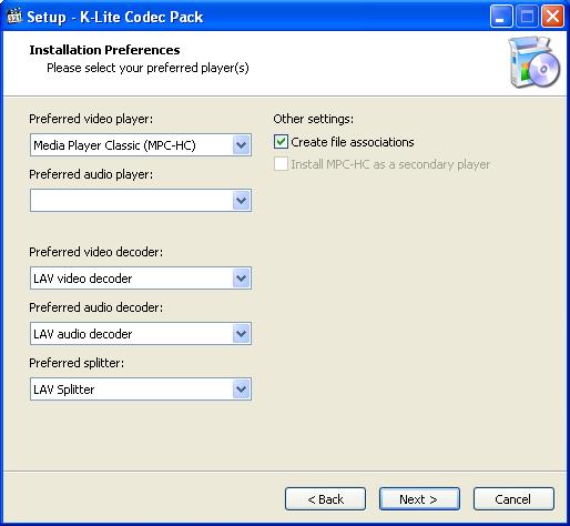 K Lite Codec Pack Выбор плееров для дальнейшей настройки ассоциации файлов